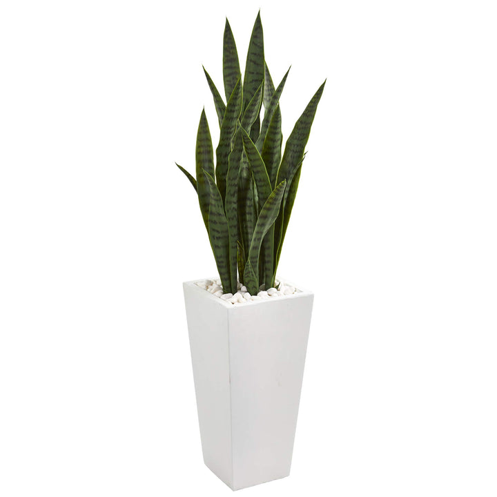 Nearly Natural 4’ Sansevieria Artificial White Tower Planter Silk Plants Green