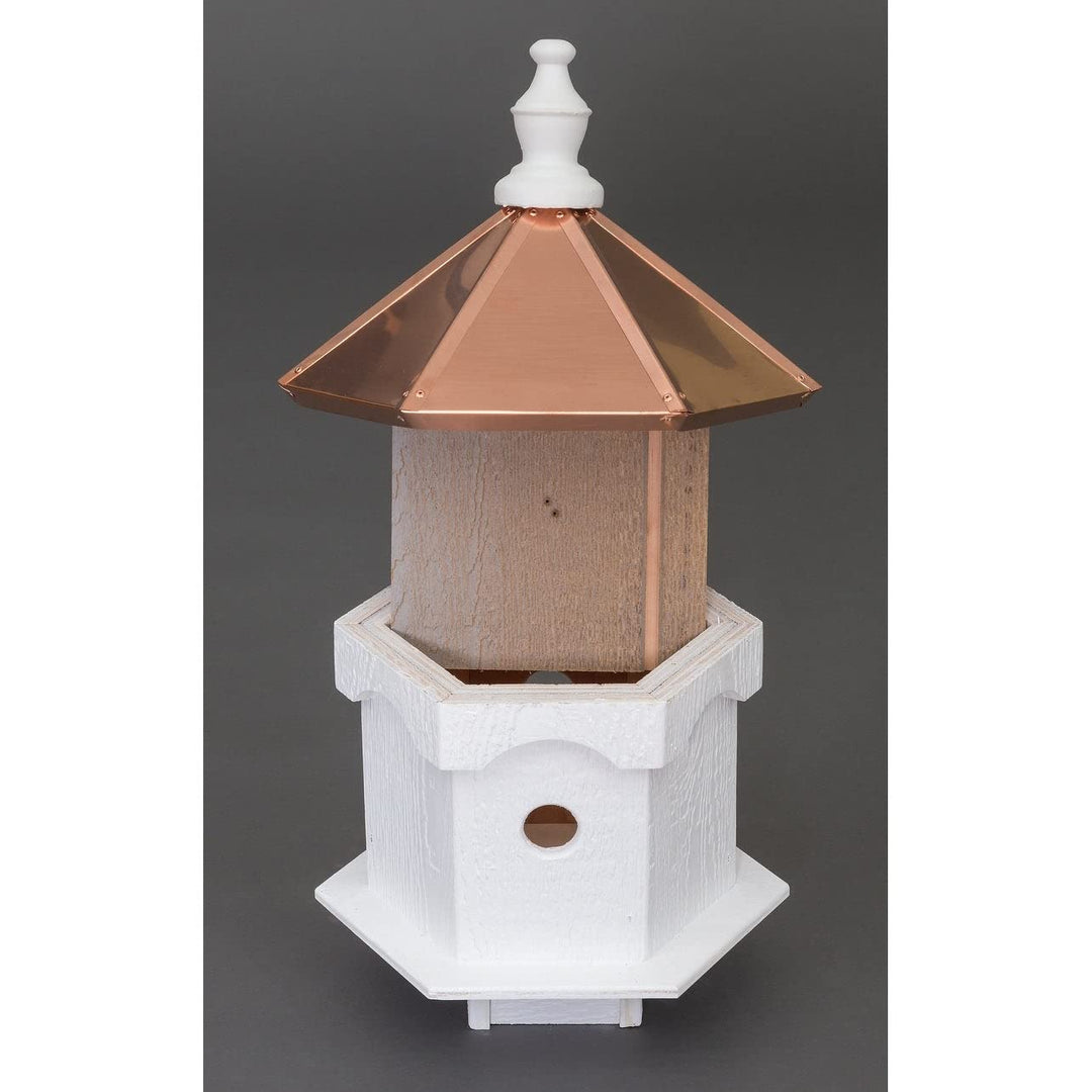 Double Blue Bird House with Copper Roof White Wood