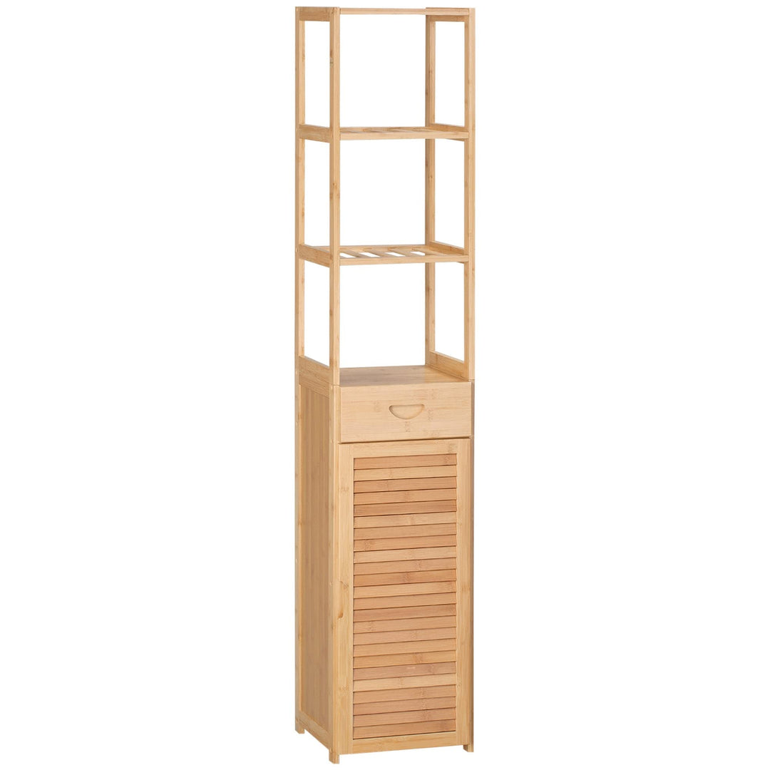 Tall Bathroom Cabinet with Drawer and Slatted Shelves Slim Bamboo Linen Tower