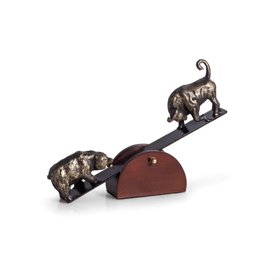 See-Saw Metal Bull Bear Sculpture with Teak Wood Base. Black