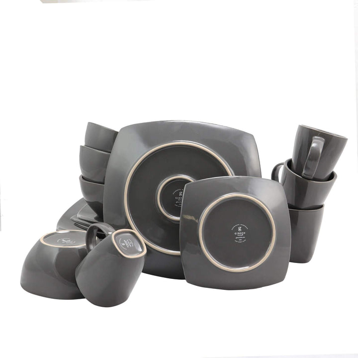 Soho Lounge 16-iece Square Dinnerware Set Gray Grey Solid Casual Stoneware 16