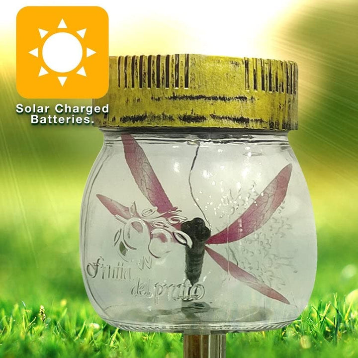 Dragonfly in A Jar Solar Stake Lights Set of 3 Multi Color Glass Energy