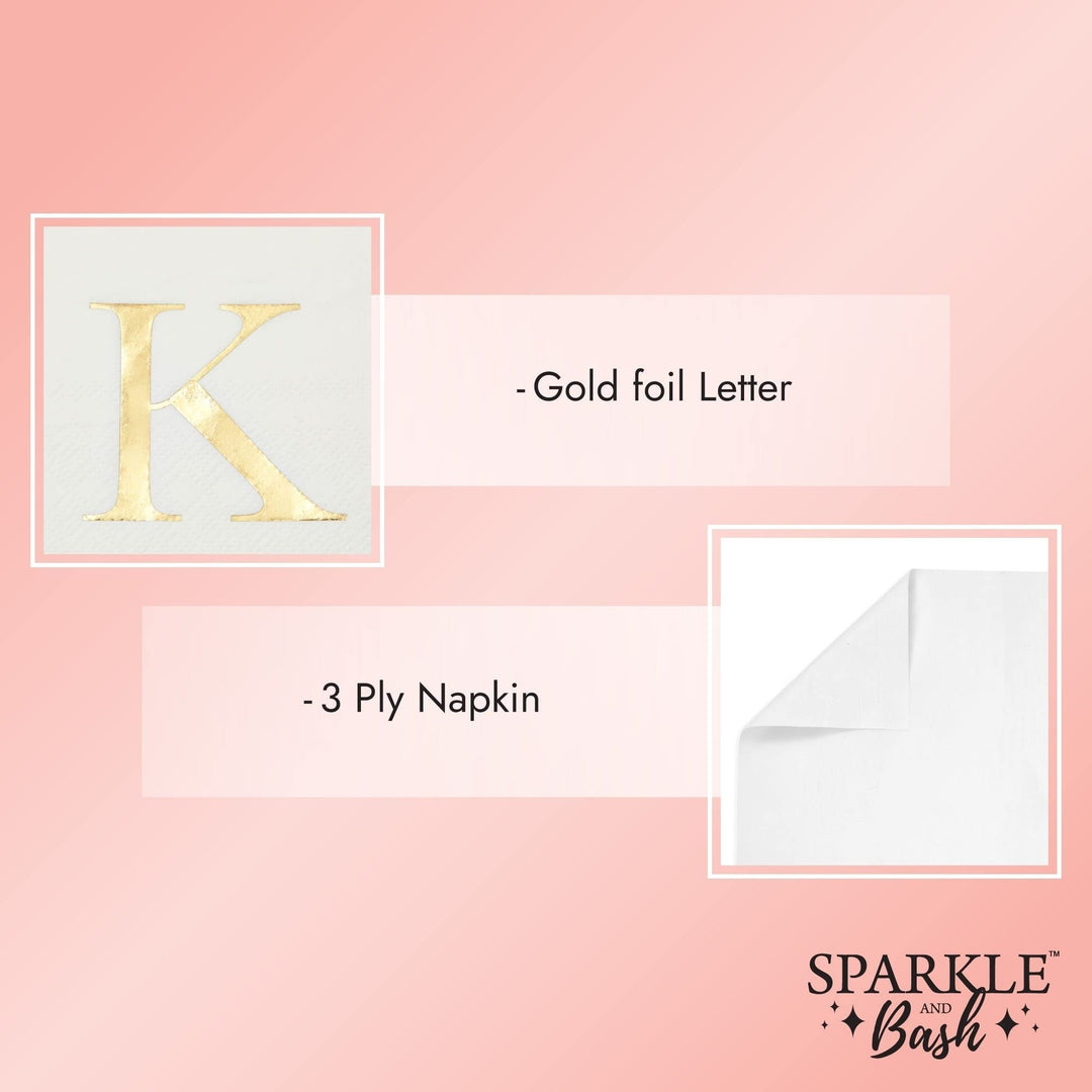 Gold Foil Initial Letter K White Monogram Paper Napkins (4 X 8 In Pack)