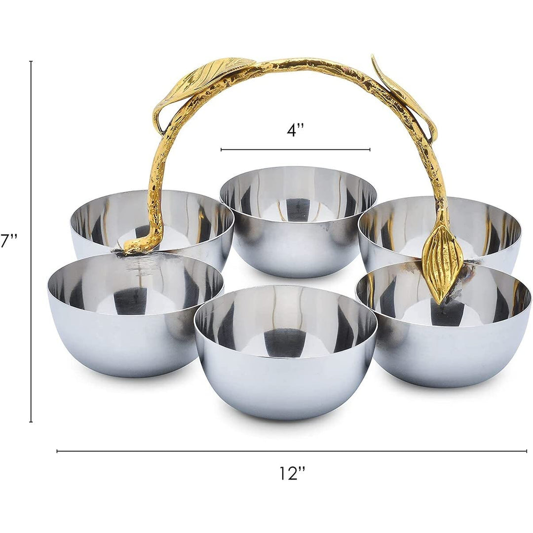 Shiny Polished Stainless Steel Six Sectional Serving Bowl With Gold Leaf