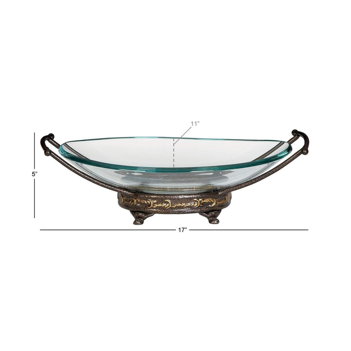 Traditional 5 X 17 Inch Iron and Glass Bowl Server by Gold Textured Oval Metal 1