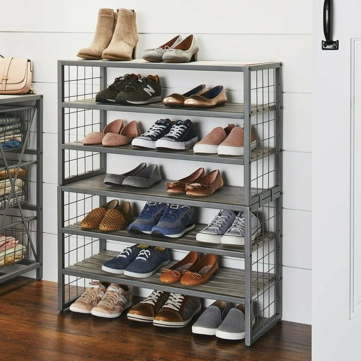 Farmhouse 3 Tiers12-compartment Garment Shoe Rack Wood Gray Grey Metal