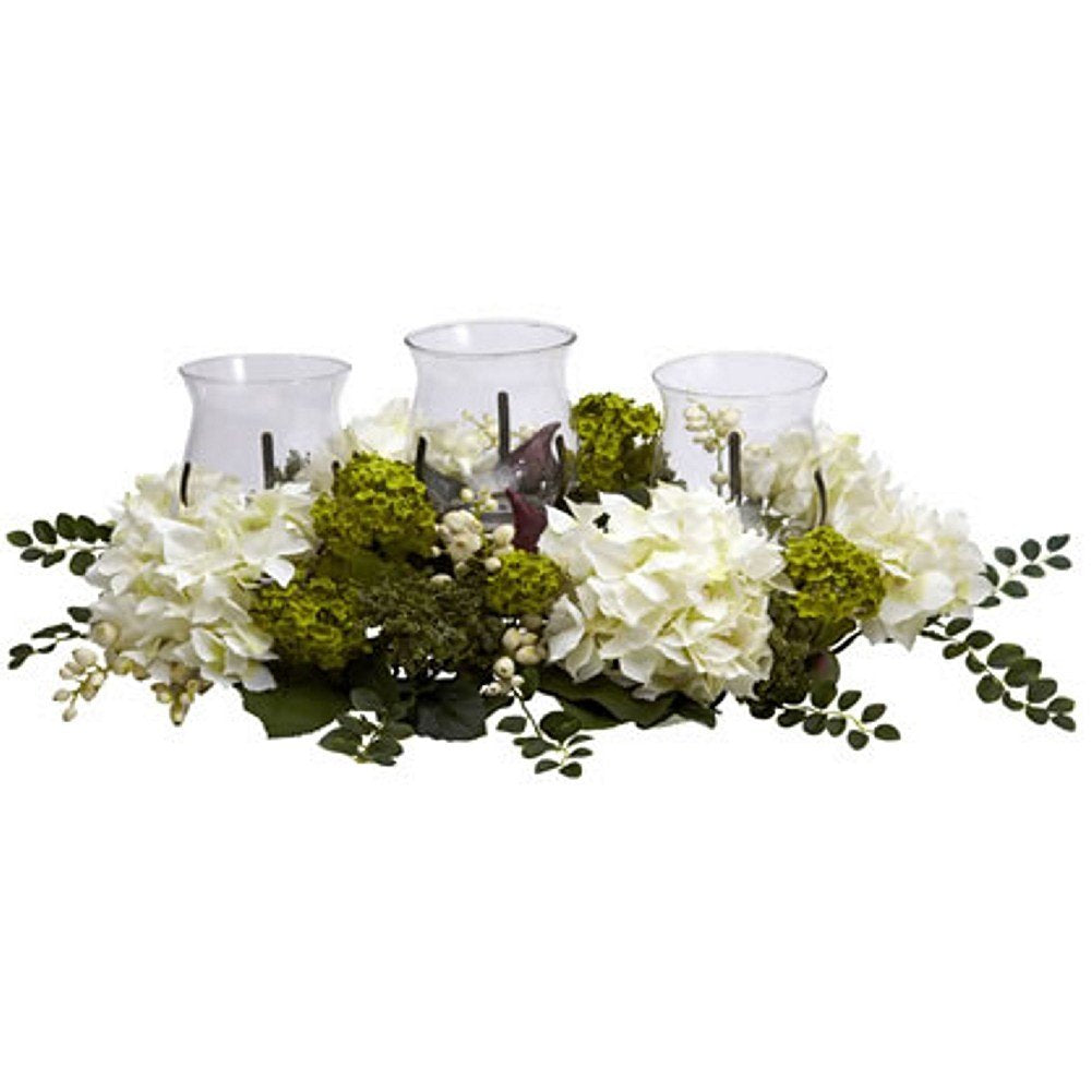 White Snowball Hydrangea Triple Candelabrum Silk Flower Arrangement