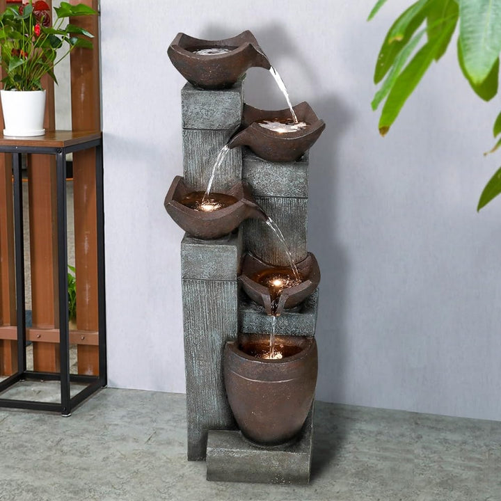 5-tier Outdoor Water Fountains W/led Lights Resin Fountain for Garden Grey - Diamond Home USA