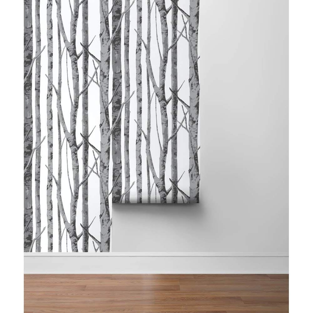 Birch Trees Peel and Stick Removable Wallpaper 20.5 in. W X 18 Ft. L Grey Nature