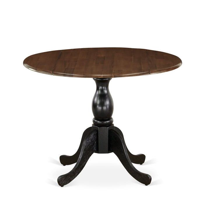 Wood Kitchen Table with Drop Leaves Walnut Top and Black Pedestal Leg Finish