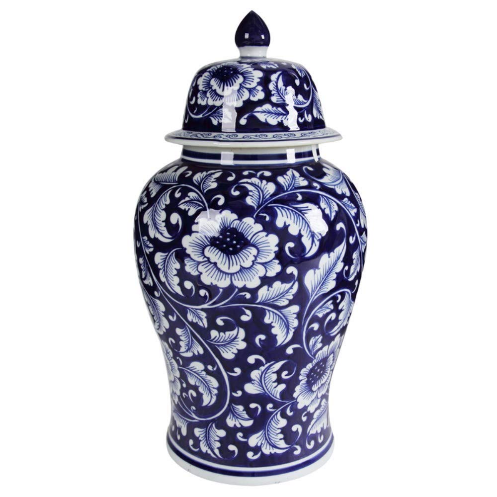 Benjara Floral Design Ginger Jar with Lid Blue and White