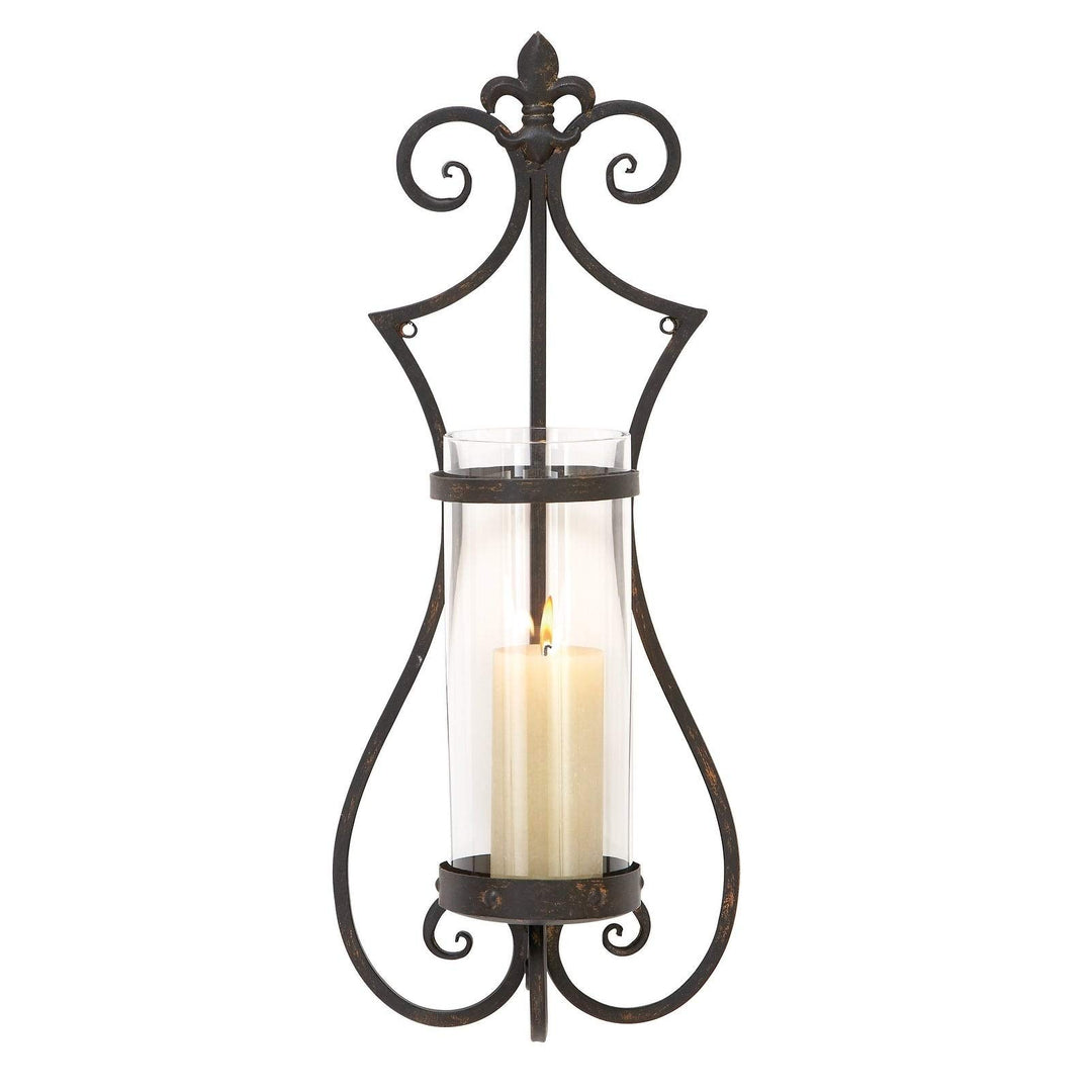 Metal and Glass Wide Candle Sconce Black Clear Traditional Iron