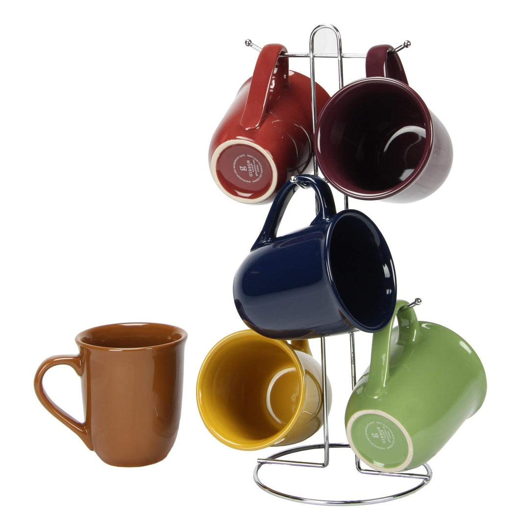 Cafe 7 Piece 15 Ounce Mug Set With Wire Rack Multi Color Solid Traditional Round