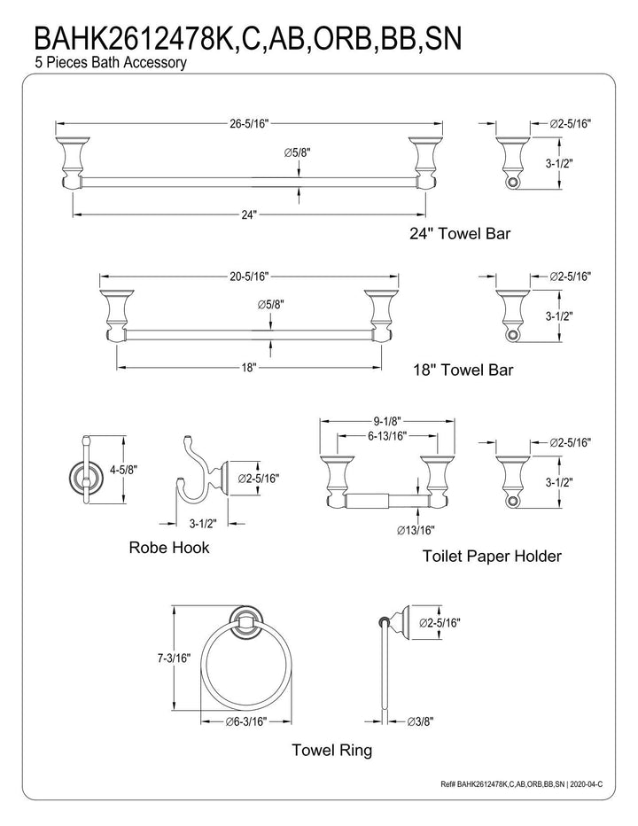 Kingston Brass BAHK2612478ORB Provence Bathroom Hardware Set 24"L Oil Rubbed