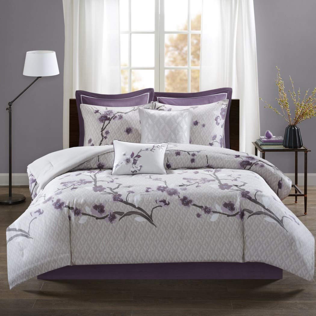 TL 8 Piece rple Gray Floral Pattern Comforter Set Cal King California Light California King