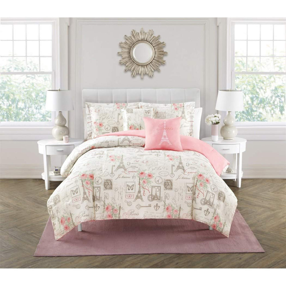 5 Piece Girls Off White Beige Pink I Love Paris Comforter Queen Set Romantic 5 Piece - Queen