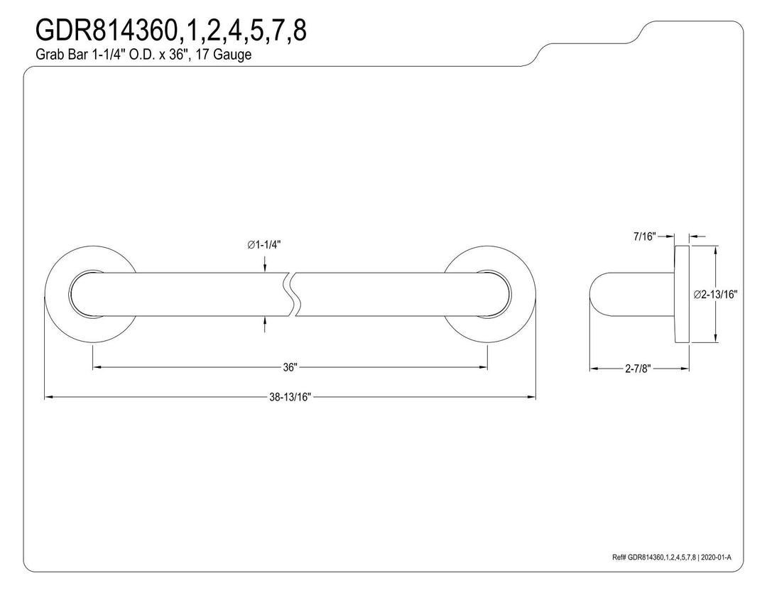 Kingston Brass GDR814368 Silver Sage 36" X 1-1/4" OD ADA Grab Bar Length Brushed