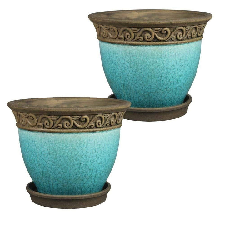 8" Planter Teal 2-pk. Blue Traditional Round Ceramic