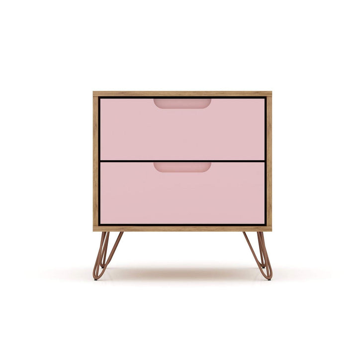 Manhattan Comfort Rockefeller Mid-Century Modern 2 Drawer Bedroom Nightstand . Nature and Rose Pink