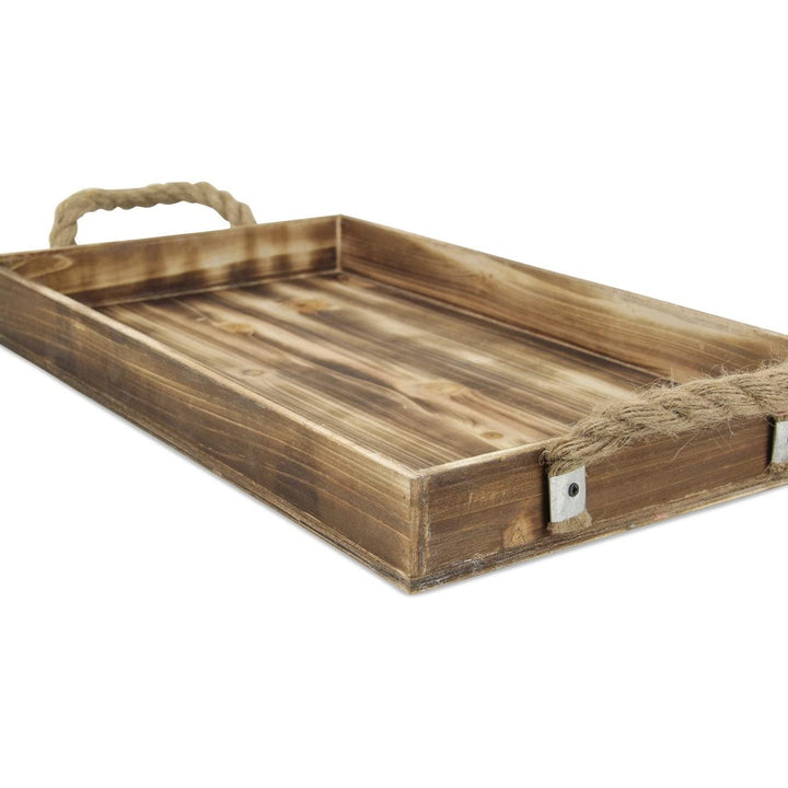 Wooden Rectangular Tray with Rope Side Handles Brown Modern Contemporary Wood