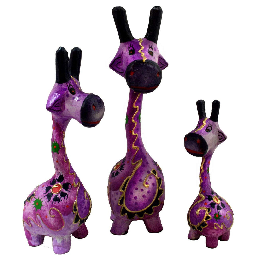 Set of 3 Purple Giraffe Statues Handmade in Indonesia Wood