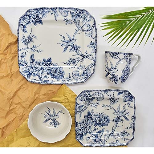 Blue 16-Piece Dinnerware Set Service for 4 White Floral Porcelain 16 Piece