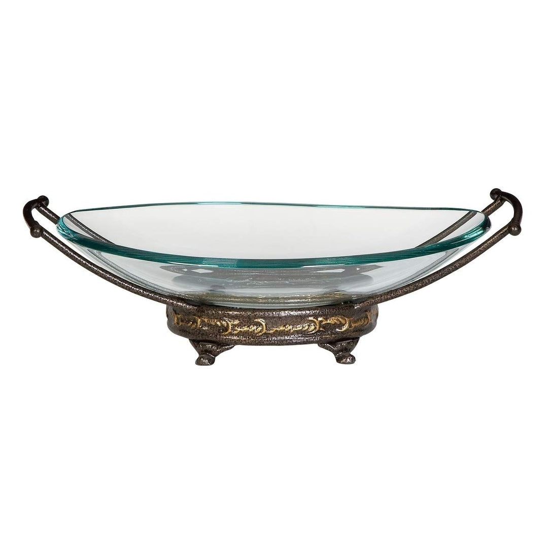 Traditional 5 X 17 Inch Iron and Glass Bowl Server by Gold Textured Oval Metal 1