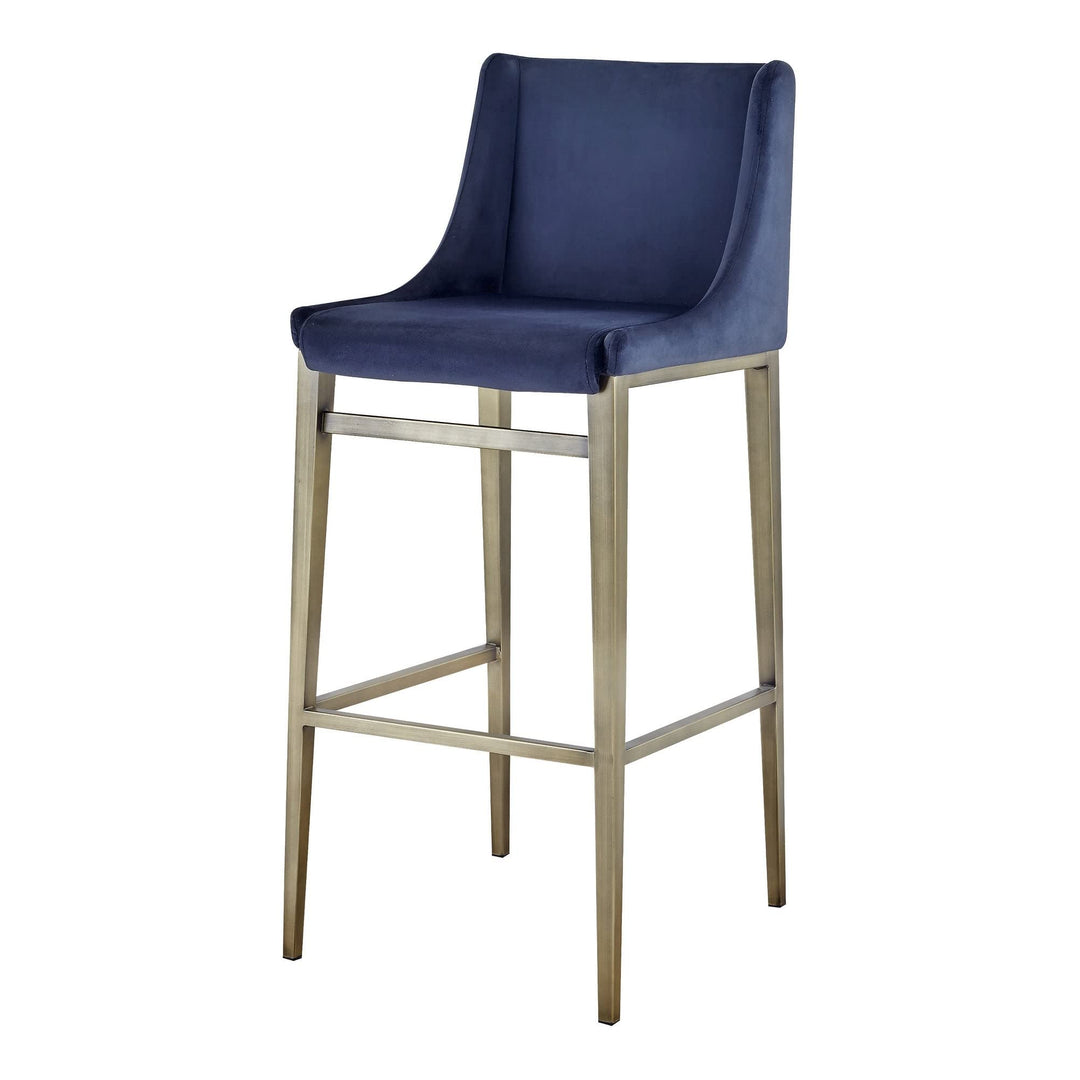 Contemporary Blue Velvet Antique Brass Bar Stool Modern Metal Finish Brushed