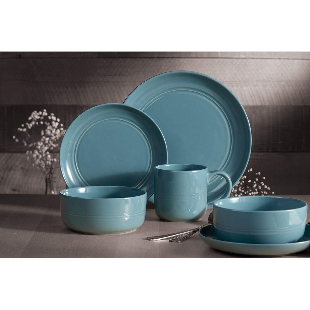 16pcs Blue Stoneware Ridge Textured Formal Round 16 Piece Microwave Safe