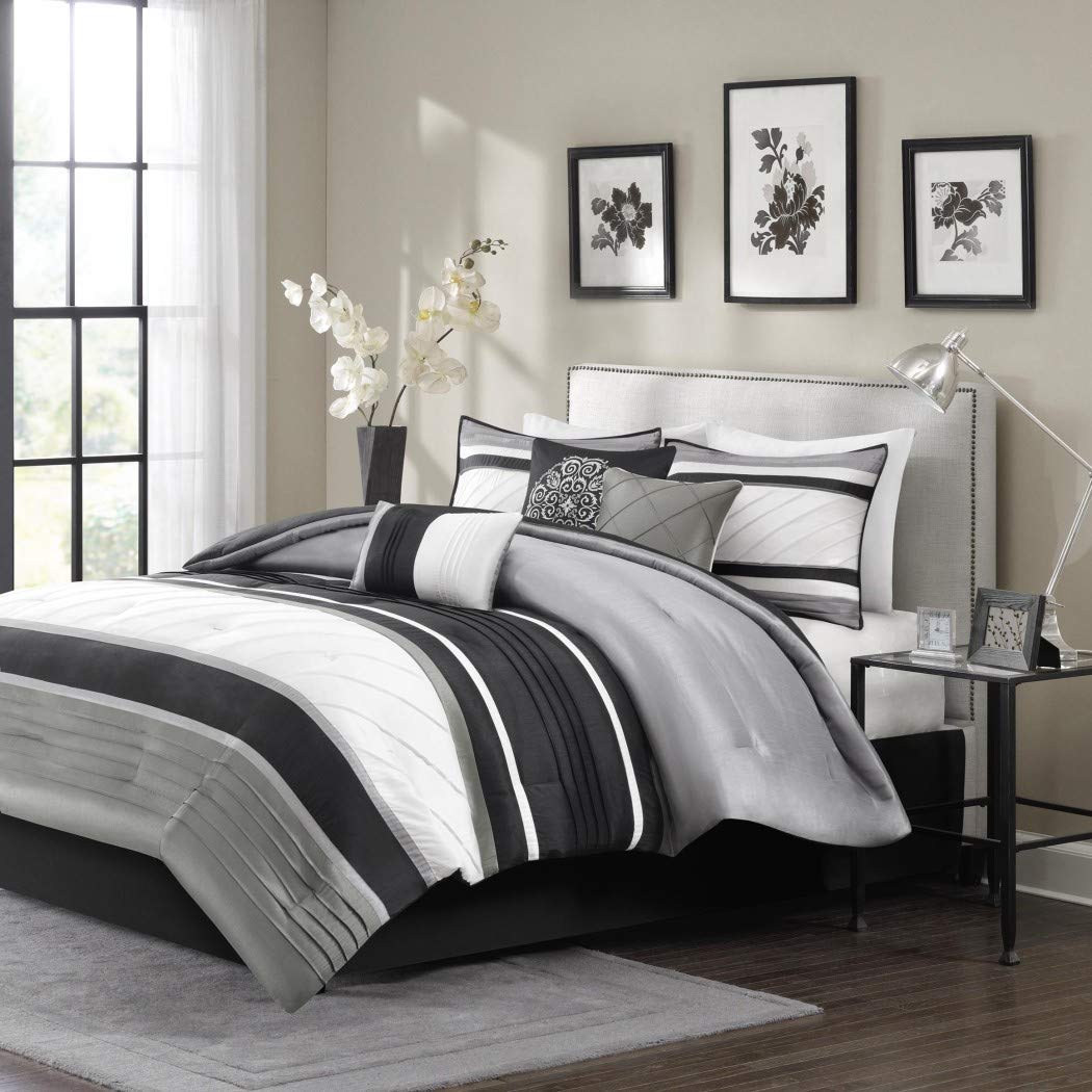 7 Piece Silver Grey Black Striped Comforter Cal King California Set Gray White Grey - California King