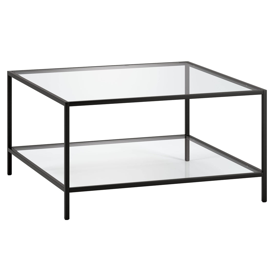 32'' Square Coffee Table with Glass Shelf Black Mid-Century Modern Metal Steel Blackened Bronze - Diamond Home USA