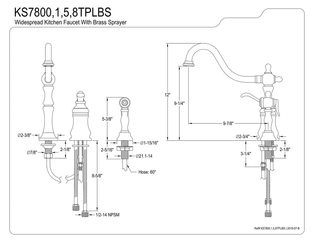 Kingston Brass KS7805TPLBS Templeton Widespread Kitchen Faucet with Brass