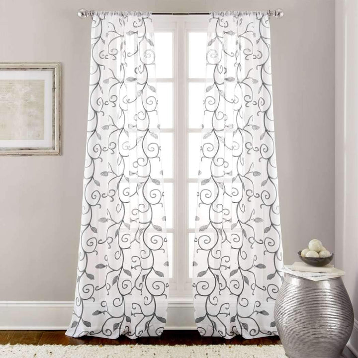 D&H 2 Piece Grey White Leaf wirl Design Floral Graphic Pattern Window Curtain