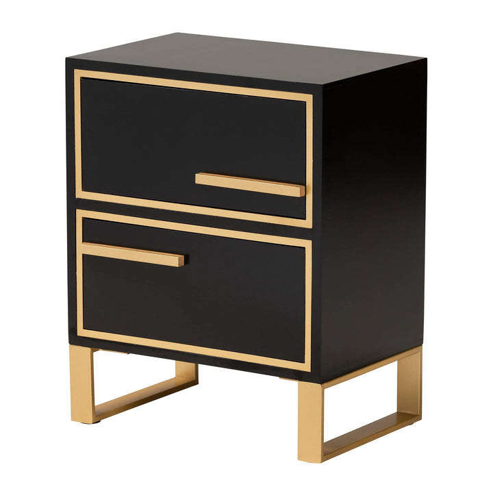 Contemporary Glam and Black Finished Wood Gold Metal 2-Drawer Nightstand MDF