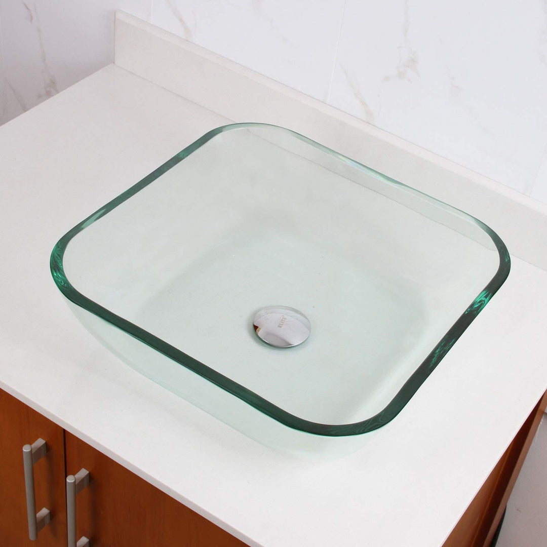 Transparent Square Tempered Glass Bathroom Vessel Sink Clear