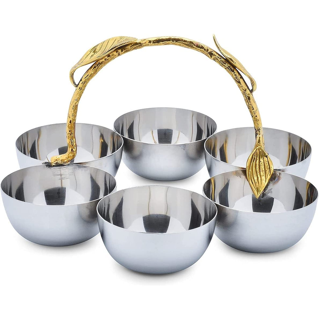 Shiny Polished Stainless Steel Six Sectional Serving Bowl With Gold Leaf