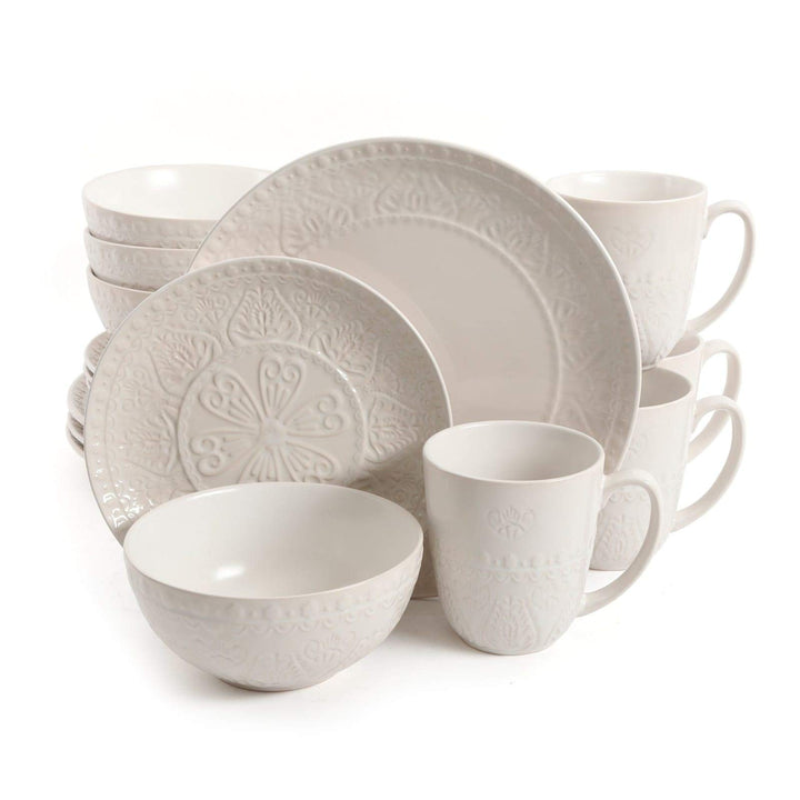 16 Pc Stoneware Dinnerware Set In Cream Cream Vines Leaves Casual Round Piece