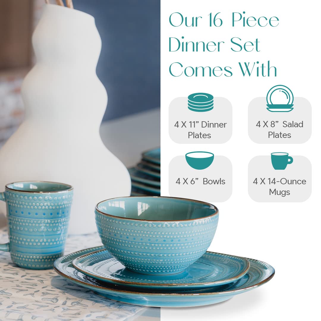 American Atelier 16-Piece Teal Stoneware Dinnerware Set - Includes Dinner Plates