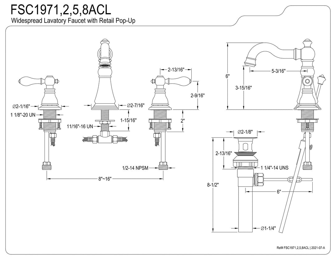 Kingston Brass FSC1978ACL American Classic Widespread Bathroom Faucet 5-5/16" Brushed Nickel