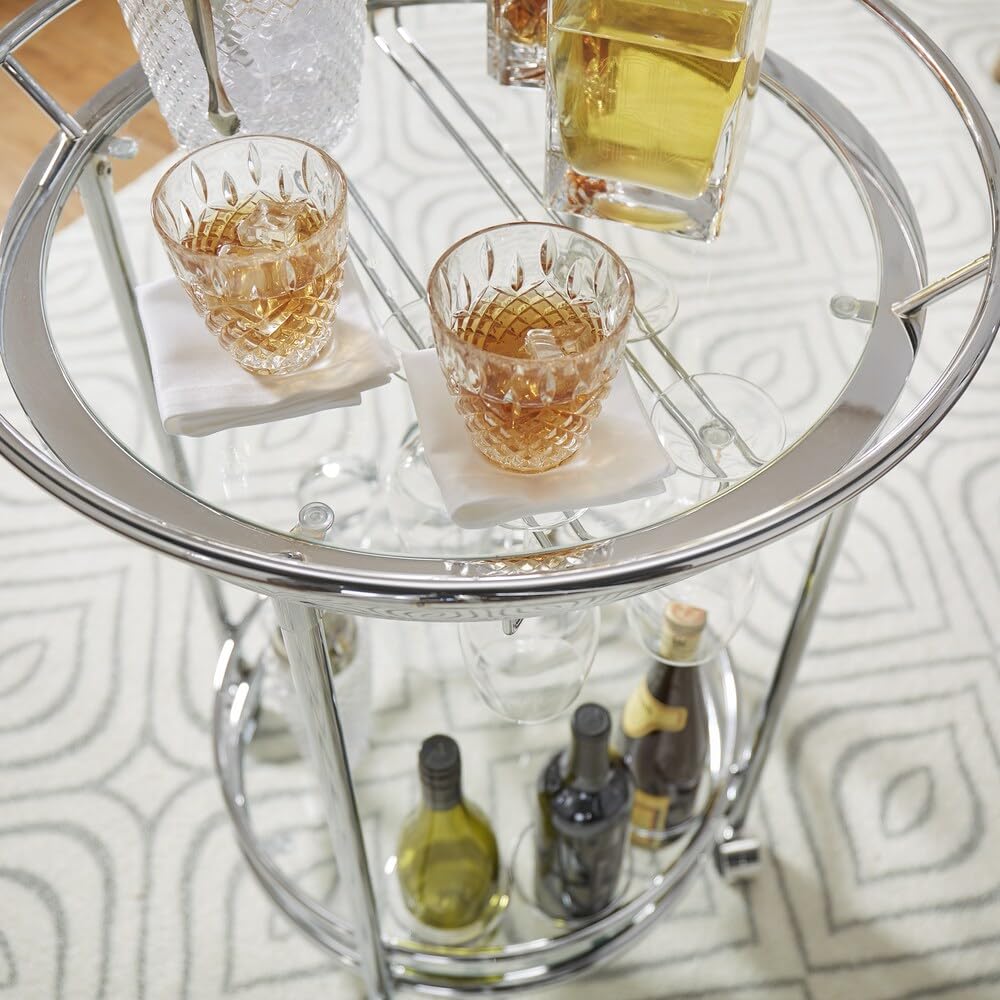 Inspire Q Metropolitan Round Chrome Metal Glass Top Bar Cart by Bold