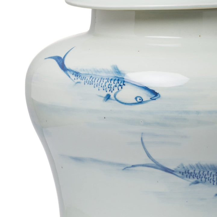 18 Inch Porcelain Ginger Jar Artful Wispy Fish Classic White and Blue Modern - Diamond Home USA