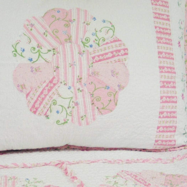 2 Piece Beautiful Pink Green White Twin Quilt Set Floral Patchwork Themed - Diamond Home USA