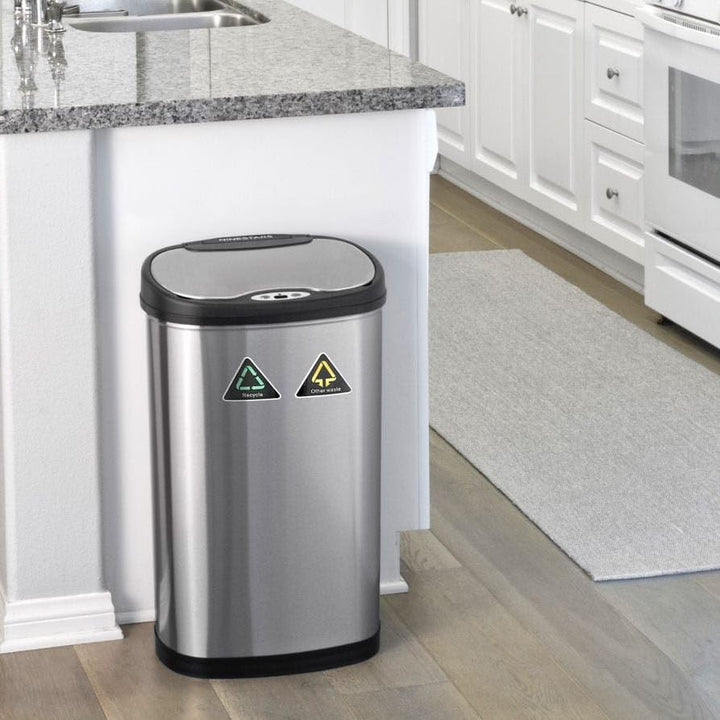 Stainless Steel Dual Compartment Motion Sensor Trash Can 13.2 Gallon Silver Oval