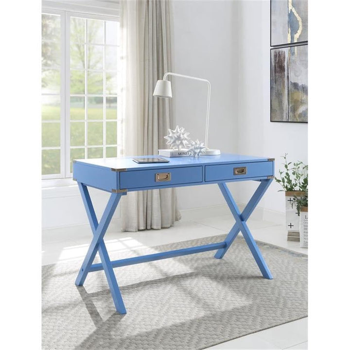 Acme Amenia Wooden Rectangular 2-Drawer Writing Desk with X-Shaped Base in Blue - Diamond Home USA