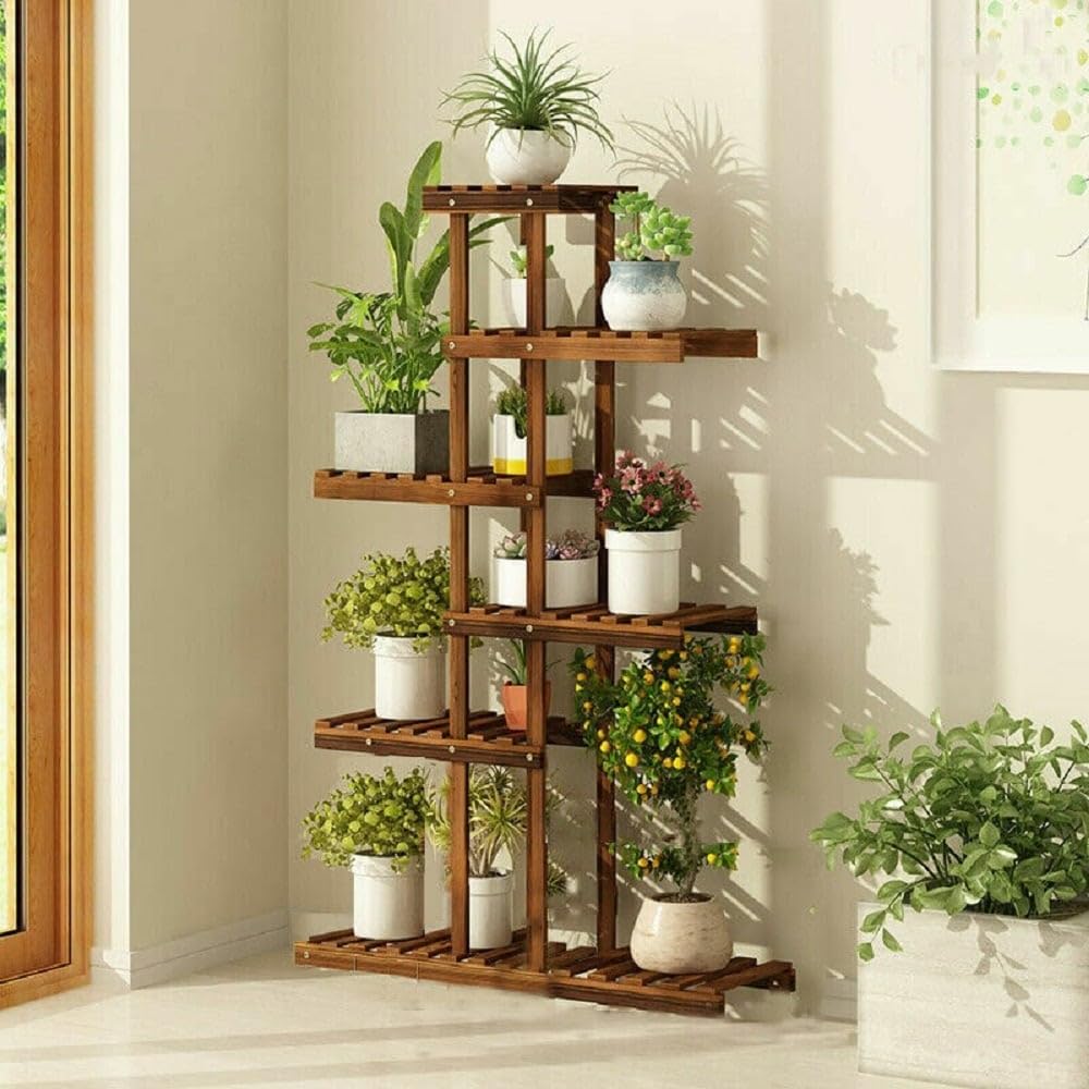 Multi Tiered Plant Shelves Flower Shelf ooden Stand Brown Classic Rectangular