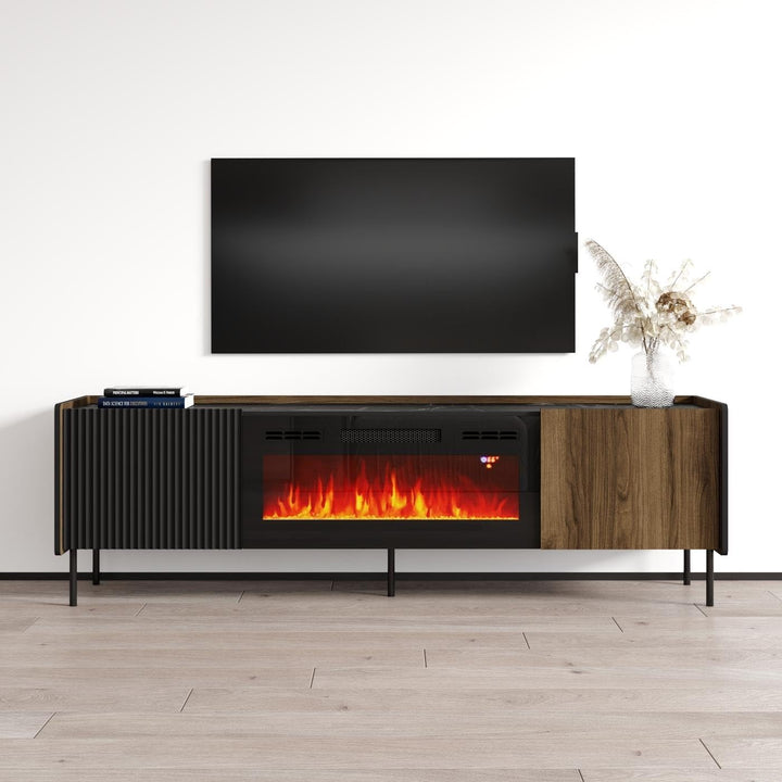 Fireplace Tv Stand Brown Mid-Century Modern Contemporary MDF Matte Includes