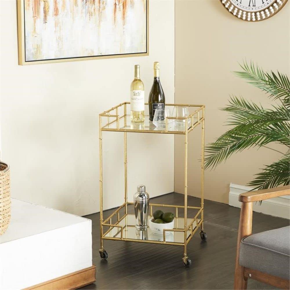 Urban Designs 7727556 Gold Leaf 2-Shelf Square Metal Mirror Mobile bar Cart Gold