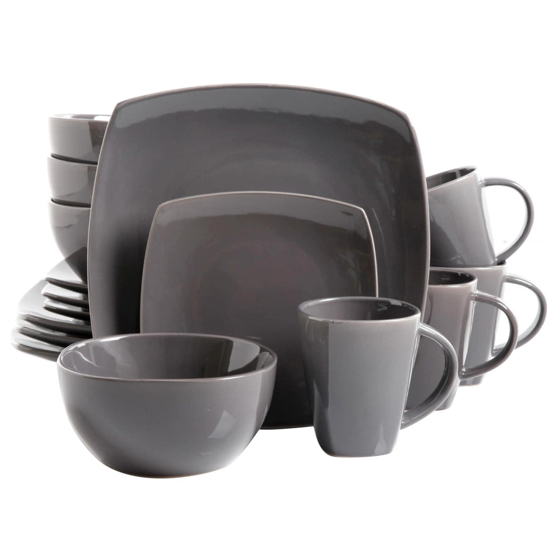 Square Dinnerware Set 16 Pieces In Warm Ash Grey Solid Casual Stoneware Piece