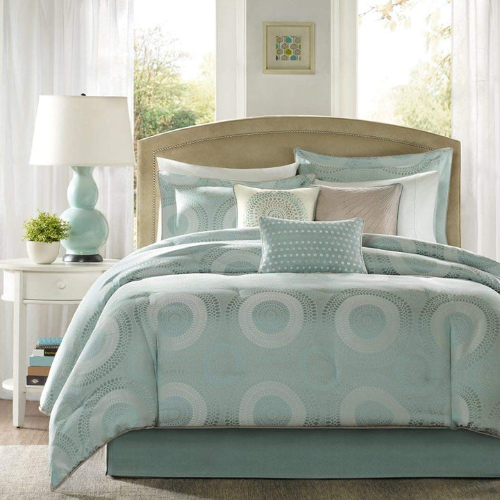 D&H 7 Piece Seafoam Blue Embroidered Motif Comforter King Set Blue Circle