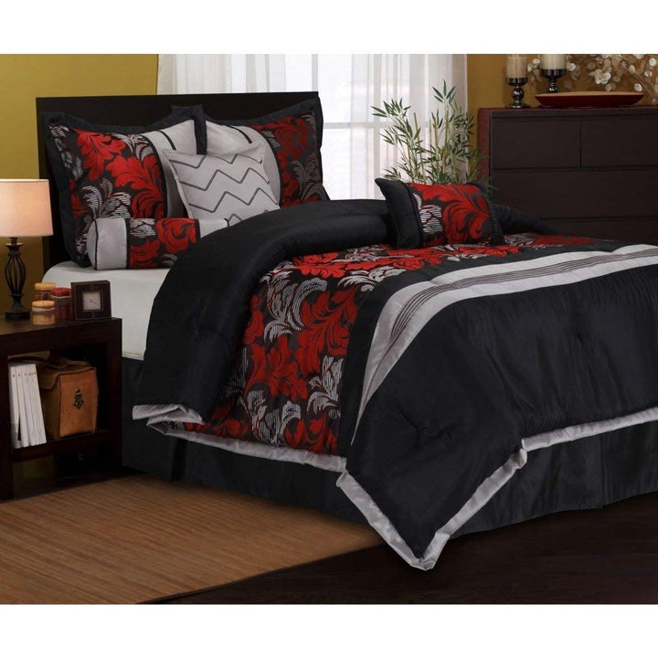 OS 7 Piece Queen Light Red Comforter Set French Country Flower Embroidery Rose Black and Red - Queen